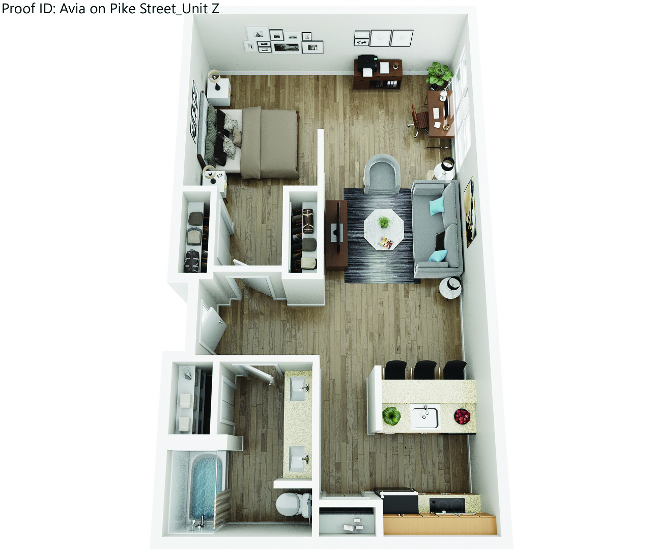 Floor plan for studio, 1 bath, 677 sqft